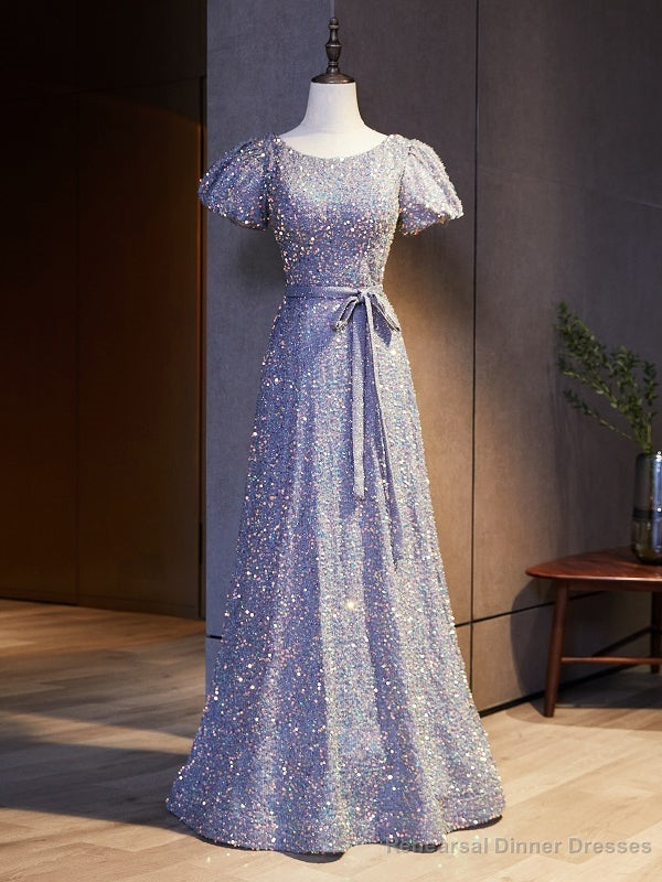 Light Purple Sequins Puff Sleeve Prom Dress