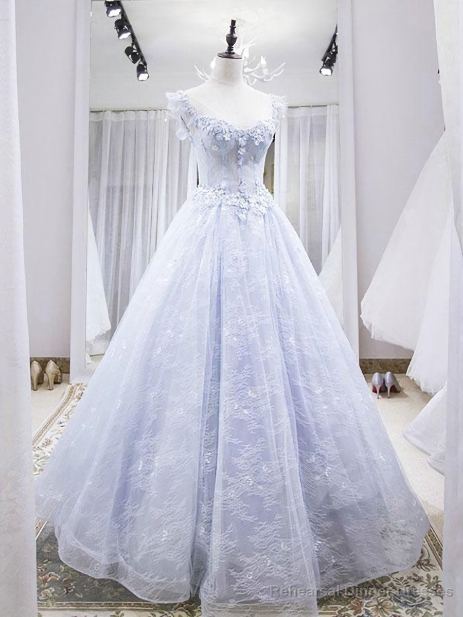 Light purple tulle lace long prom dress, blue evening dress Main image