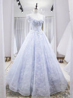 Light purple tulle lace long prom dress, blue evening dress