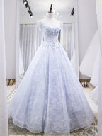 Light Blue Tulle Lace Long Classy Prom Dress, Blue Classy Evening Dress