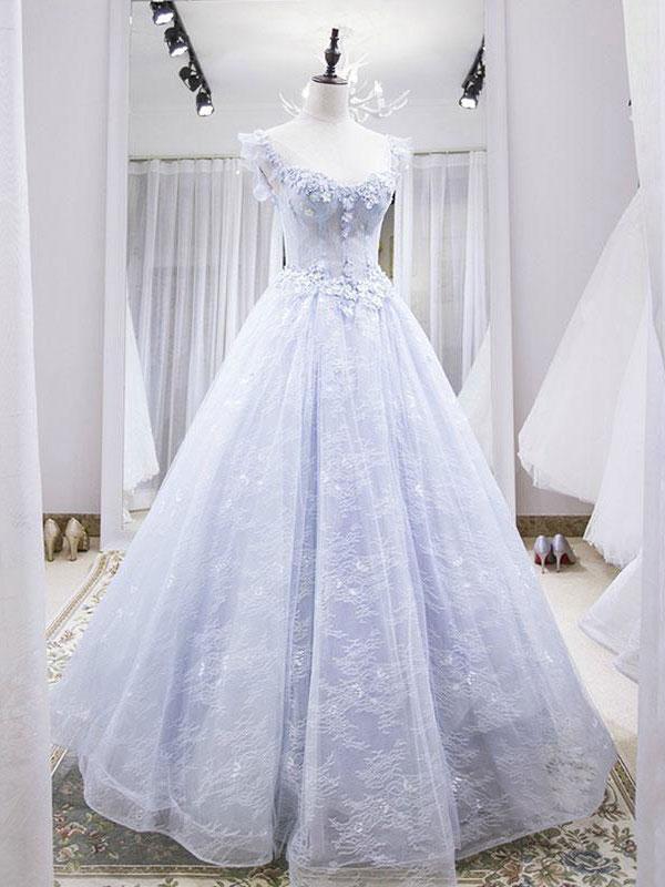 Light Blue Tulle Lace Long Classy Prom Dress, Blue Classy Evening Dress