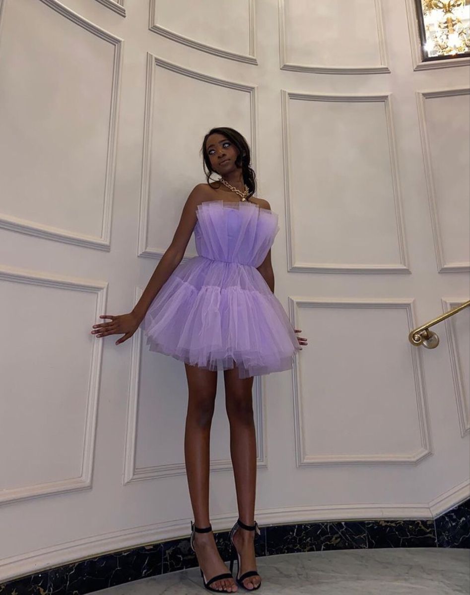 Light Purple Tulle Mini Classy Prom Dress Strapless Pleated Homecoming Dress Secondary image