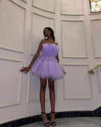 Light Purple Tulle Mini Classy Prom Dress Strapless Pleated Homecoming Dress
