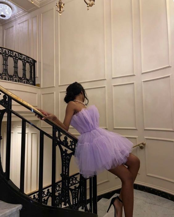 Light Purple Tulle Mini Classy Prom Dress Strapless Pleated Homecoming Dress