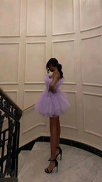 Light Purple Tulle Mini Classy Prom Dress Strapless Pleated Homecoming Dress