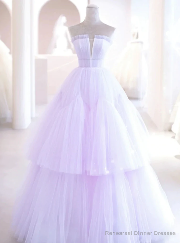 Light Purple Tulle Strapless Pleats Beading Prom Dress Main image