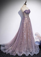 Light Purple Tulle With Lace A-Line Party Dress, Purple Long Classy Dress Classy Evening Dress