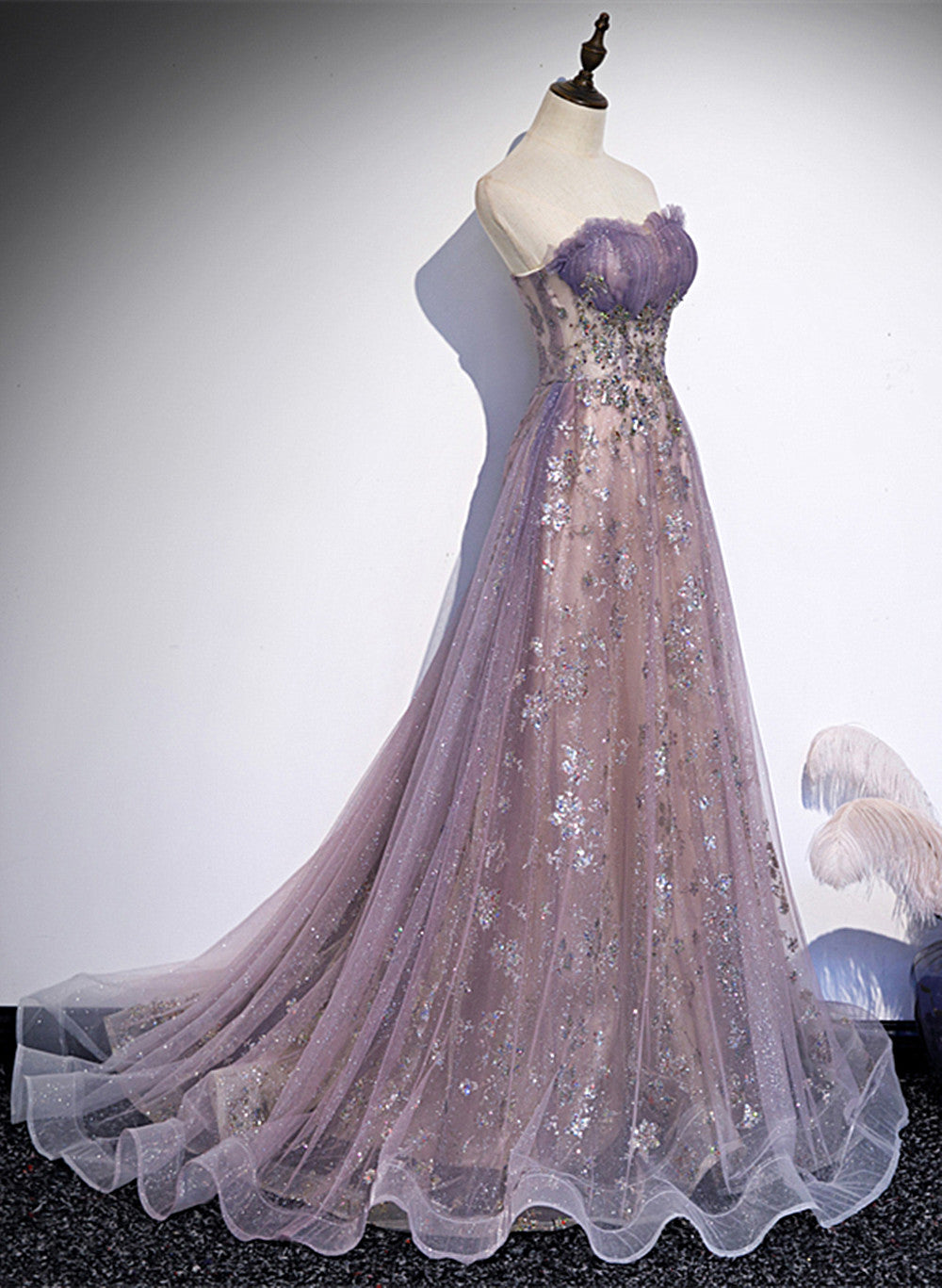 Light Purple Tulle With Lace A-Line Party Dress, Purple Long Classy Dress Classy Evening Dress
