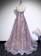 Light Purple Tulle With Lace A-Line Party Dress, Purple Long Classy Dress Classy Evening Dress