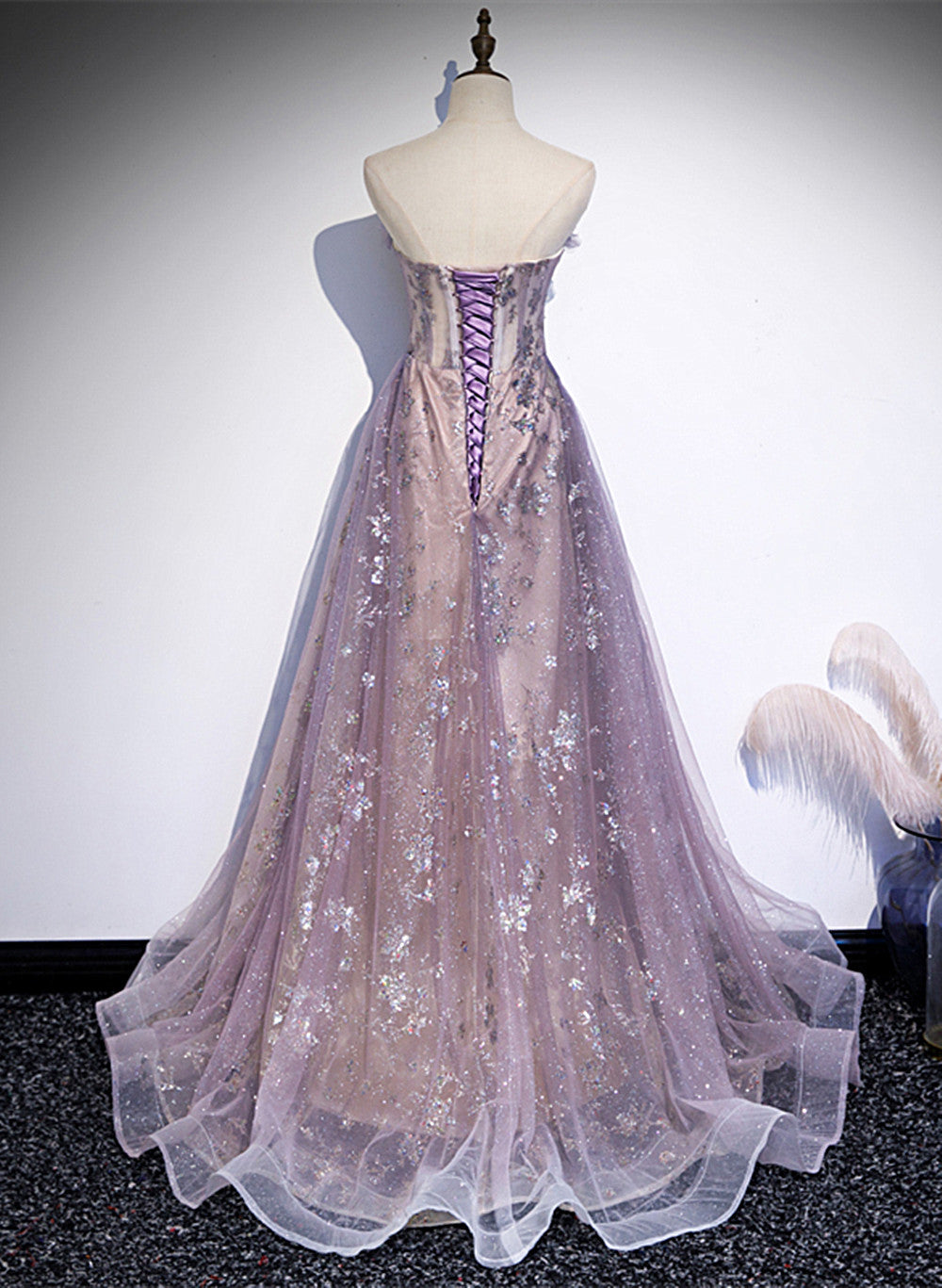 Light Purple Tulle With Lace A-Line Party Dress, Purple Long Classy Dress Classy Evening Dress