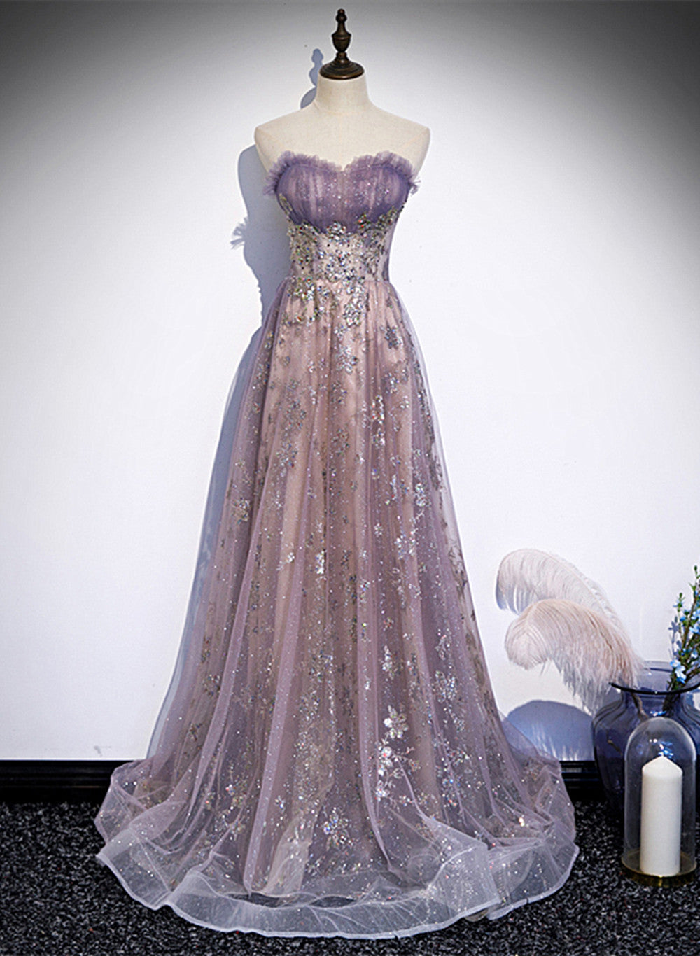 Light Purple Tulle With Lace A-Line Party Dress, Purple Long Classy Dress Classy Evening Dress