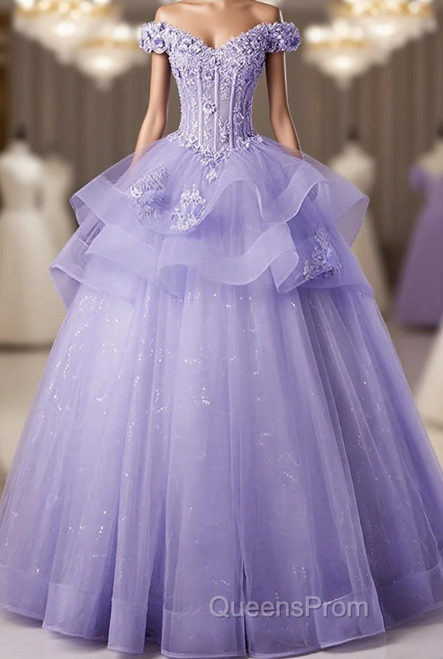 Light Purple Tulle With Lace Off Shoulder Sweet 16 Dress, Light Purple Formal Dress