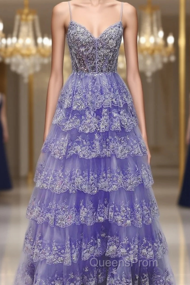 Light Purple V Neck Layered Lace Evening Prom Dress
