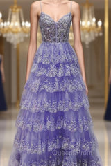 Light Purple V Neck Layered Lace Evening Prom Dress