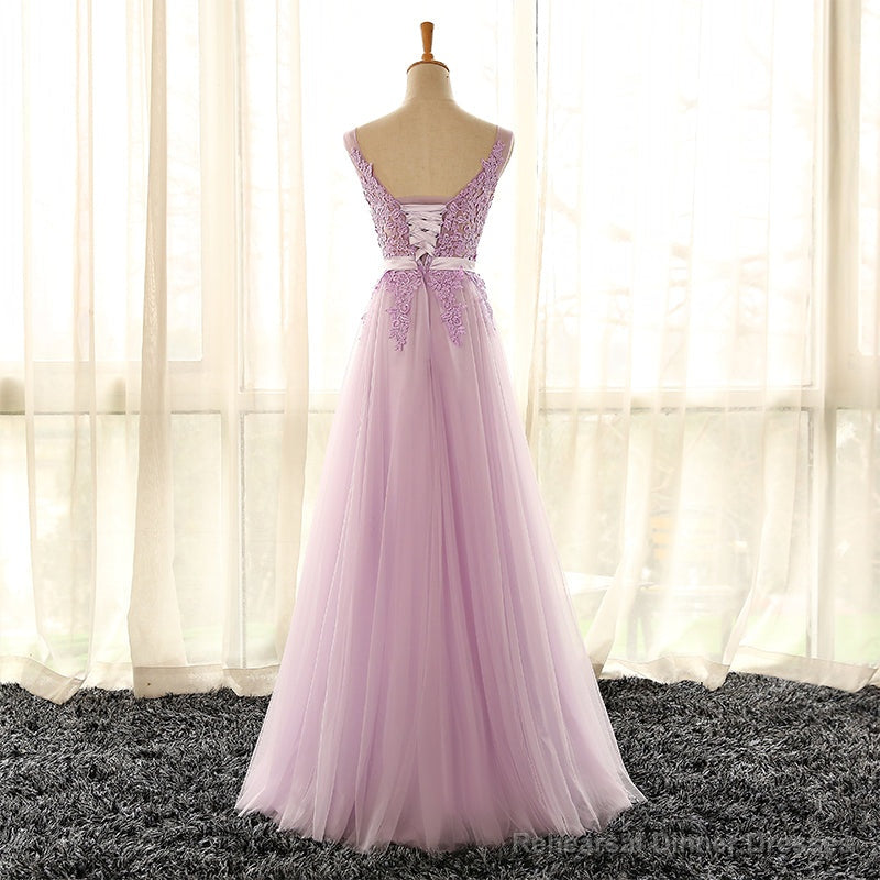 Light Purple V-neckline Long Formal Dress, Tulle Lace Applique Bridesmaid Dress