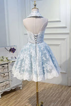 Light Sky Blue Halter Homecoming with Lace Appliques Cute Short Classy Dress