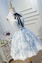 Light Sky Blue Halter Homecoming with Lace Appliques Cute Short Classy Dress