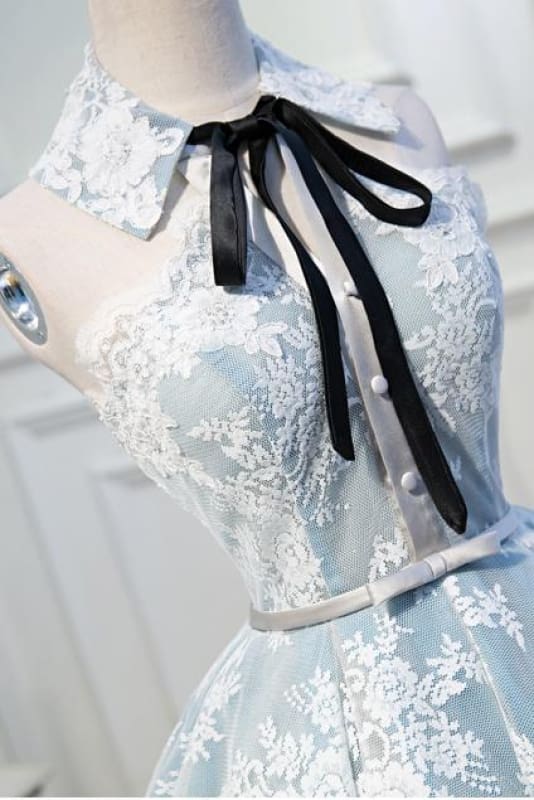 Light Sky Blue Halter Homecoming with Lace Appliques Cute Short Classy Dress