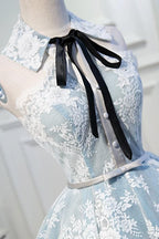 Light Sky Blue Halter Homecoming with Lace Appliques Cute Short Classy Dress