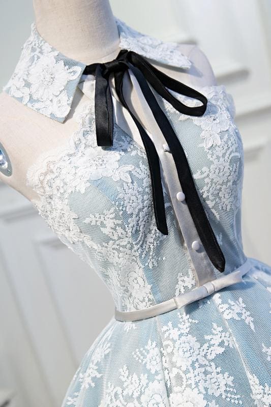 Light Sky Blue Halter Homecoming with Lace Appliques Cute Short Classy Dress