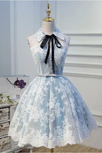 Light Sky Blue Halter Homecoming with Lace Appliques Cute Short Classy Dress