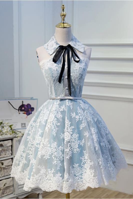 Light Sky Blue Halter Homecoming with Lace Appliques Cute Short Classy Dress