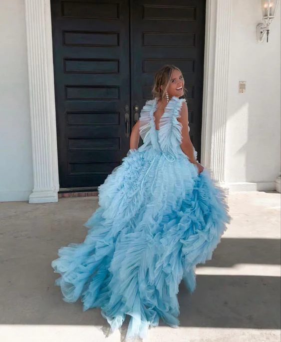 Light Sky Blue Tulle Princess Ruffle Straps With Tiered Long Classy Prom Dress