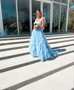 Light Sky Blue Tulle Princess Ruffle Straps With Tiered Long Classy Prom Dress