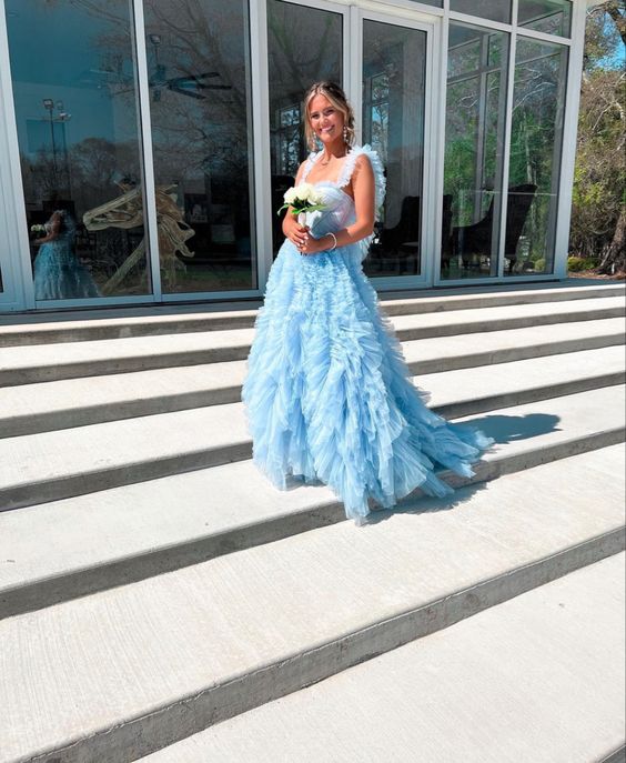 Light Sky Blue Tulle Princess Ruffle Straps With Tiered Long Classy Prom Dress