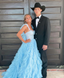 Light Sky Blue Tulle Princess Ruffle Straps With Tiered Long Classy Prom Dress