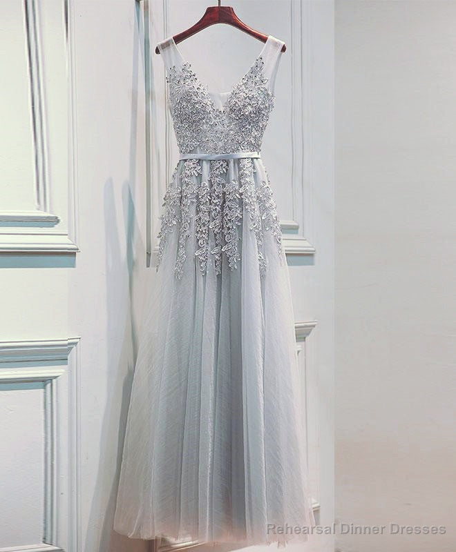 Light Sliver Grey Lace Applique V-neckline Long Party Dress, Light Grey Wedding Party Dress Secondary image