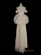 Light Yellow A-Line Satin Off-Shoulder Tulle Long Evening Prom Dress Graduation Evening Prom Dress Wedding Dress