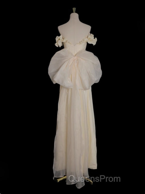 Light Yellow A-Line Satin Off-Shoulder Tulle Long Evening Prom Dress Graduation Evening Prom Dress Wedding Dress