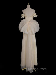 Light Yellow A-Line Satin Off-Shoulder Tulle Long Evening Prom Dress Graduation Evening Prom Dress Wedding Dress