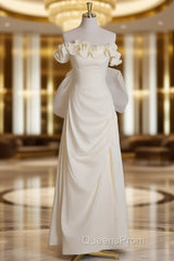 Light Yellow A-Line Satin Off-Shoulder Tulle Long Evening Prom Dress Graduation Evening Prom Dress Wedding Dress