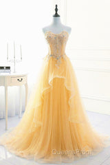 Light Yellow Beaded Tulle Long Party Dress Evening Prom Dress, Yellow Formal Dress