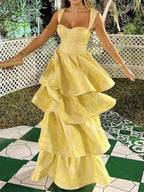 Light Yellow Ruffle Tiered A-Line Long Party Dress Classy Prom Gown Classy Evening Gown