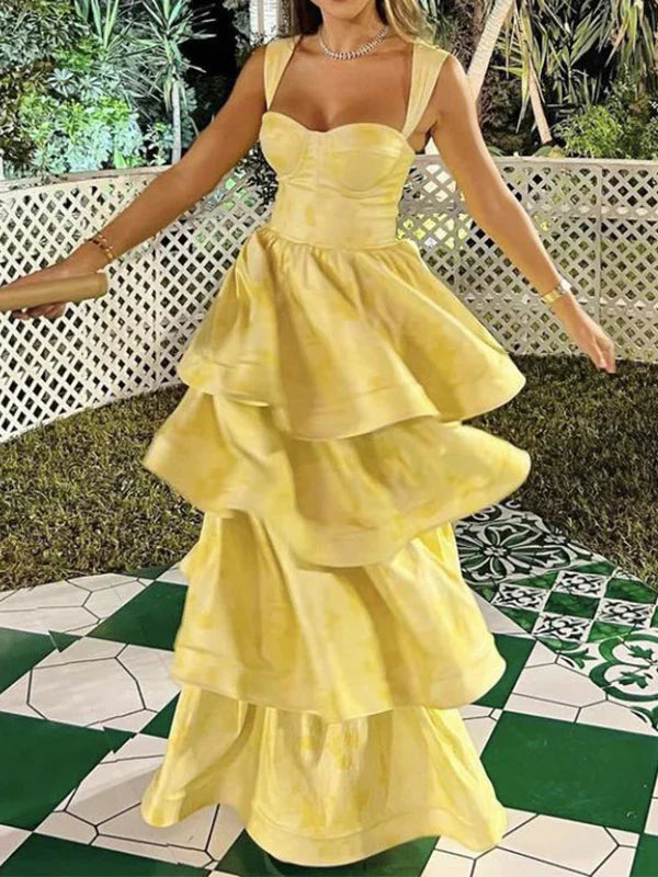 Light Yellow Ruffle Tiered A-Line Long Party Dress Classy Prom Gown Classy Evening Gown