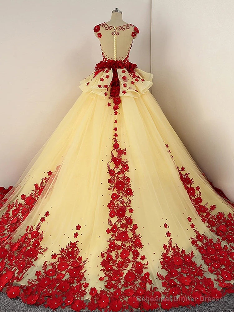 Light Yellow Tulle Ball Gown Beaded and Flowers Sweet 16 Gown, Light Yellow Quinceanera Dress Secondary image