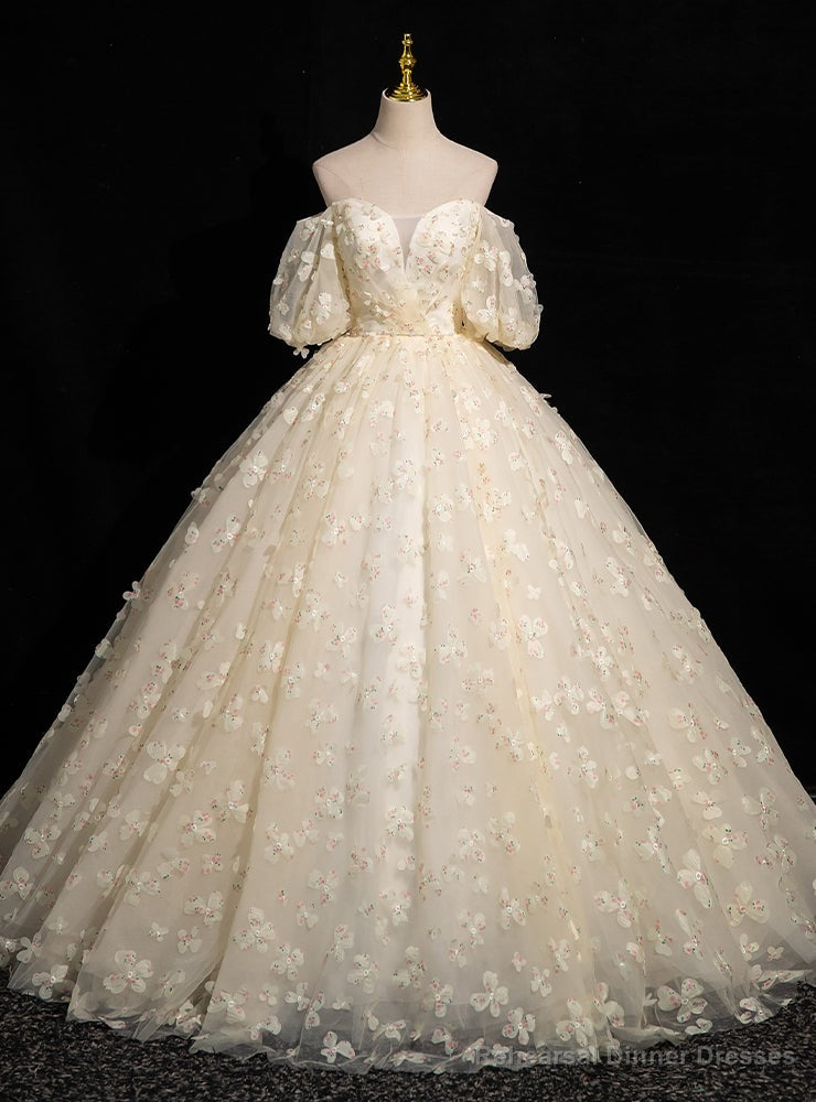 Light Yellow Tulle Puff Sleeve 3D Flower Quinceanera Dress Main image