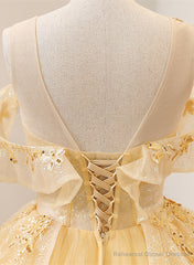 Light Yellow Tulle with Beadings and Lace Party Dress, Yellow Tulle Prom Dress