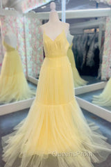 Light Yellow V-Neck Tulle A-Line Long Evening Prom Dress
