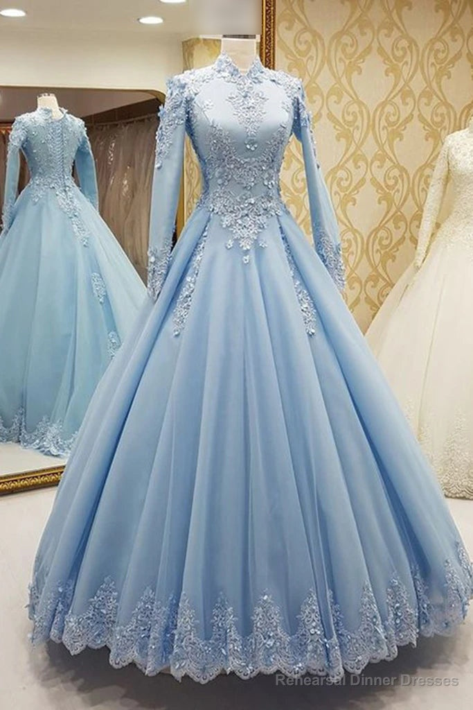 Gorgeous High Neck Long Sleeves Puffy Prom Dress, Light Blue Long Evening Dress