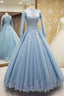Gorgeous High Neck Long Sleeves Puffy Prom Dress, Light Blue Long Evening Dress