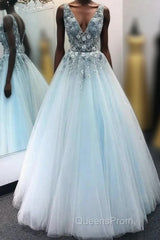 A Line V Neck Tulle Long Evening Prom Dress with Flowers, Sleeveless Party Dress