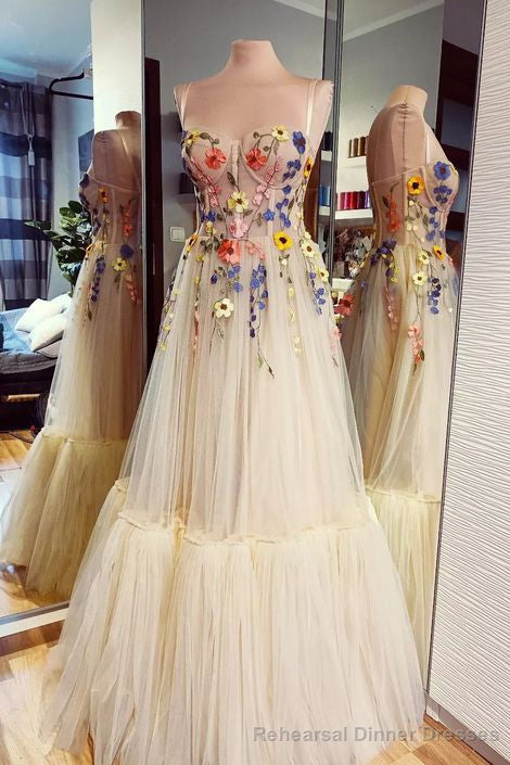 Spaghetti Straps Tulle Floor Length Long Prom Dress with Flowers, Evening Gown Main image
