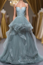 Gray Spaghetti Straps Tulle Princess Formal Evening Party Dress Long Formal Evening Prom Dress