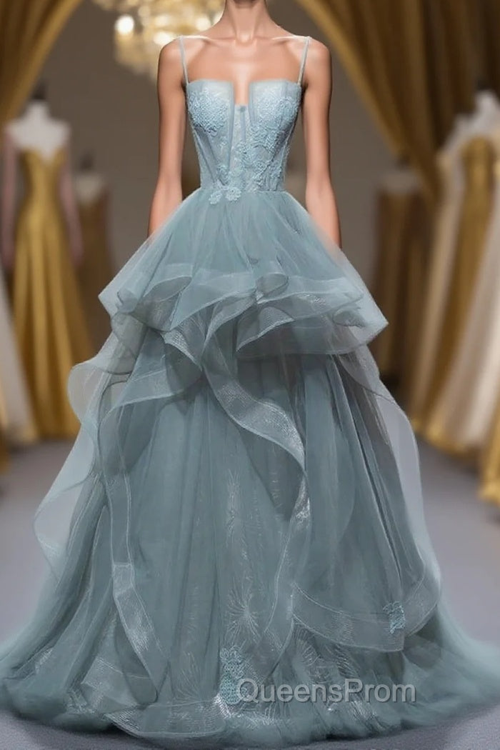 Gray Spaghetti Straps Tulle Princess Formal Evening Party Dress Long Formal Evening Prom Dress