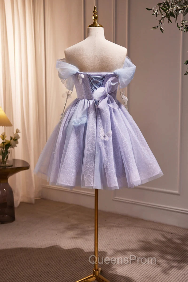 Lightpurple Tulle Off Shoulder Short Evening Prom Dress, Cute A-Line Off Shoulder Homecoming Dress Secondary image