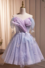 Lightpurple Tulle Off Shoulder Short Evening Prom Dress, Cute A-Line Off Shoulder Homecoming Dress